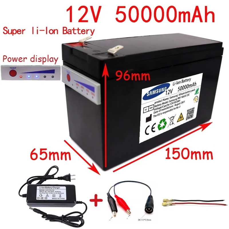 To 12V Battery 50Ah 18650 lithium battery pack Rechargeable battery for solar energy electric vehicle battery+12.6v3A charger