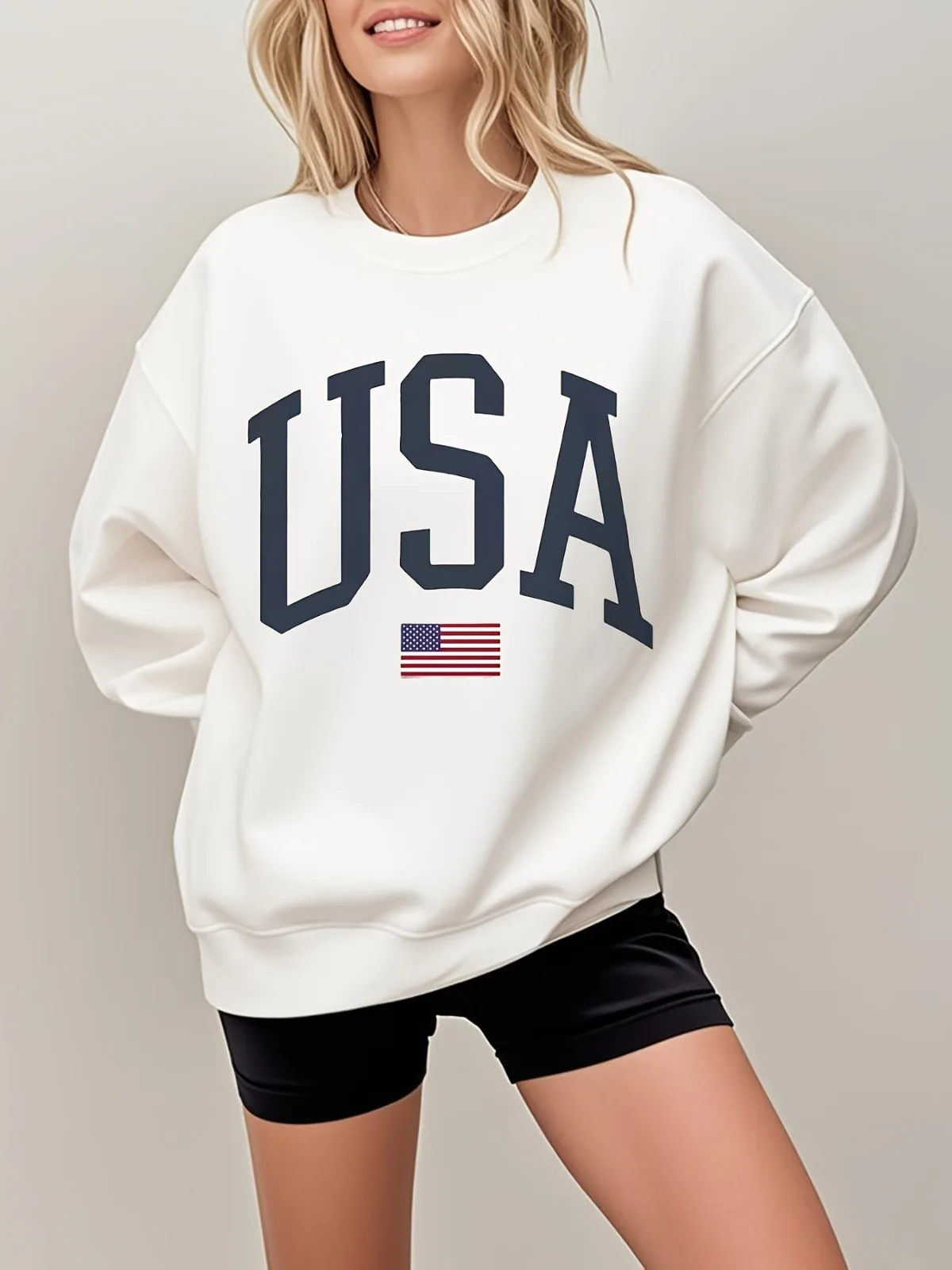 Damska bluza z nadrukiem flagi amerykańskiej, miękka, z okrągłym dekoltem, do prania w pralce, idealna na prezent świąteczny.
