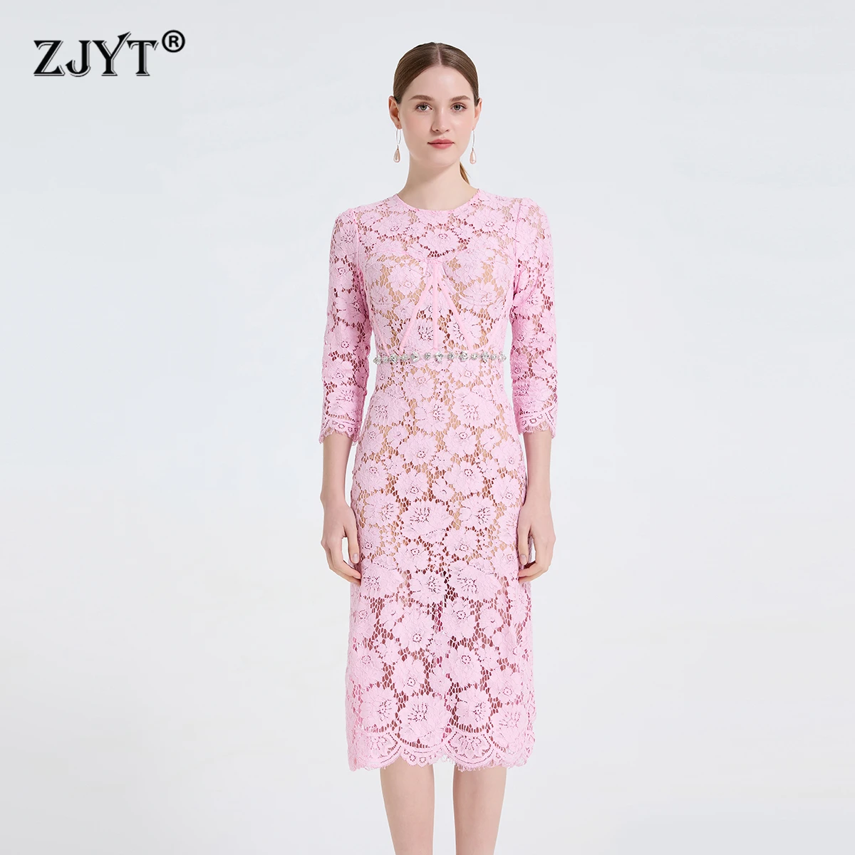 

ZJYT, новинка весны 2026, подиумные модные розовые кружевные платья для женщин, элегантное вечернее платье миди с рукавами три четверти и бисером, женское платье