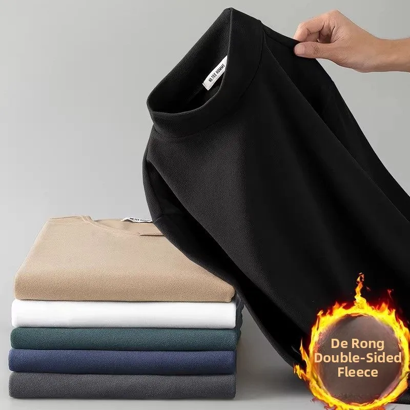 Warm Double-Sided Fce Sweatirt Men's Skin-Friendly f-High Collar Pure Color Slim Fit Base irt Casual Sle Polyeste...