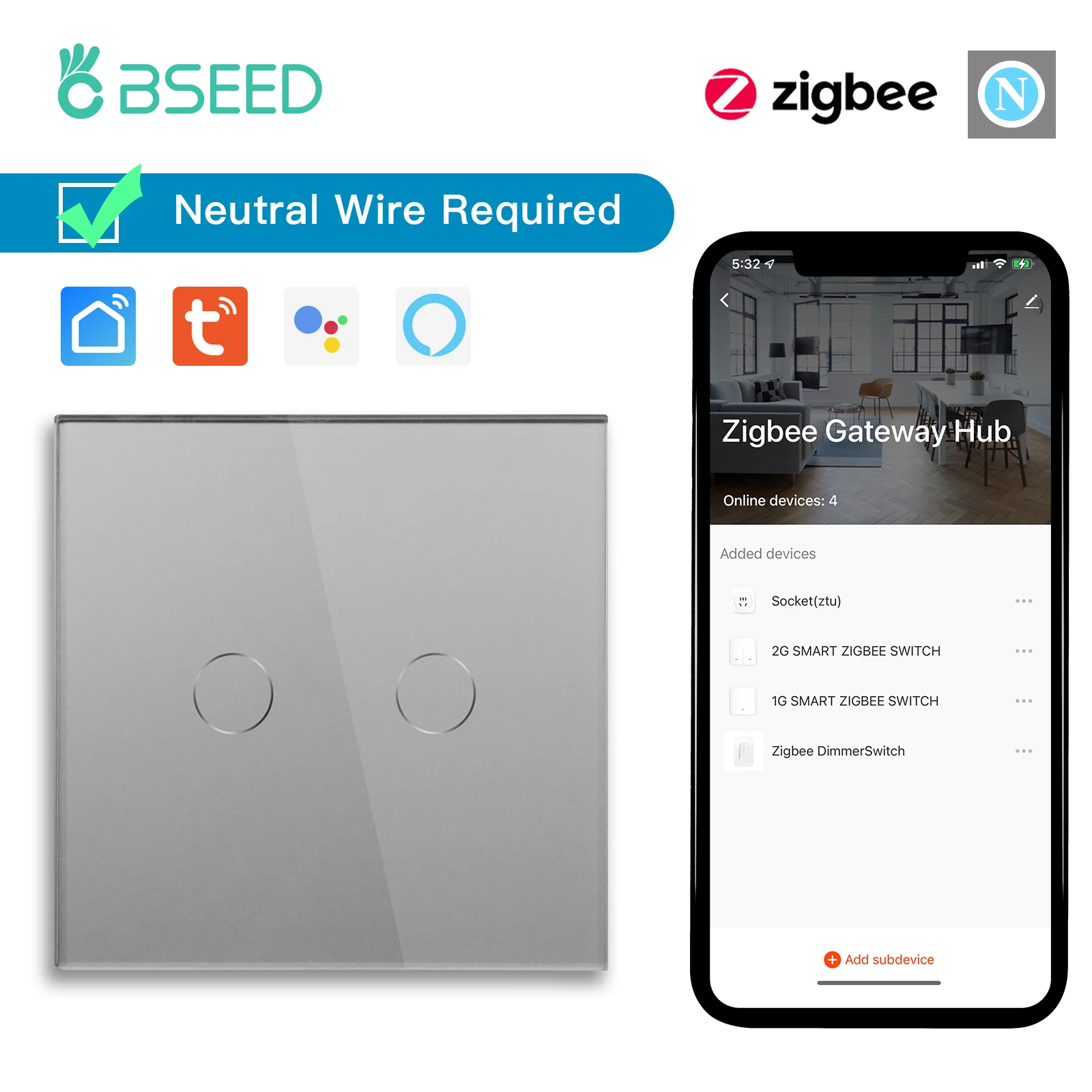 Bseed eu standard zigbee smart switch 1/2/3gang 2way touch lichtsc halter arbeiten mit tuya smart life google home neutral erforderlich