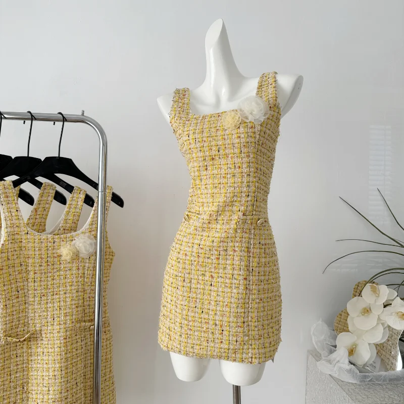 Robe émaillée parfumée à encolure carrée pour femme, mini robe femme chic française, tweed simple, mode de fête, jaune, petit, été