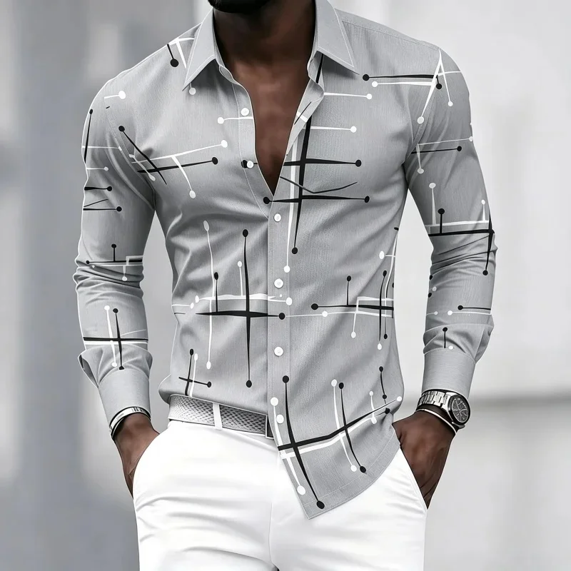Men's shirt solid color geometric lines dot print long sleeved shirt slim fit lapel business casual shirt trendy versatile shirt