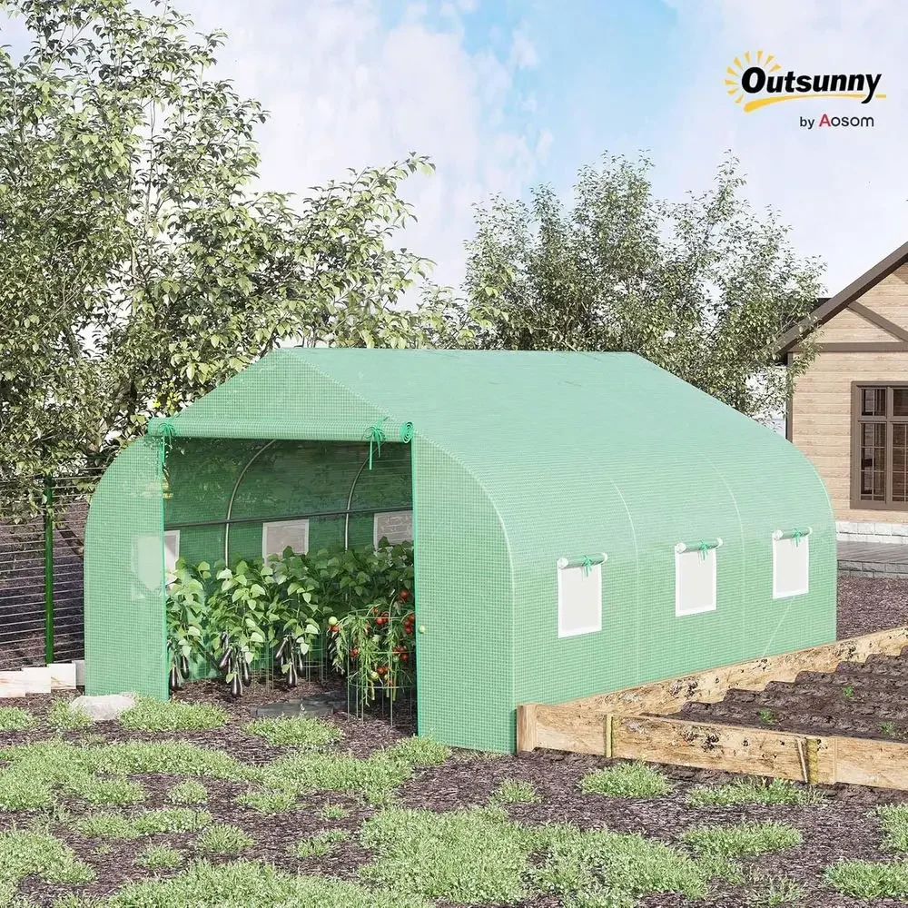 11.5x10x6.5ft Outdoor Walk-in Greenhouse with Roll-up Windows and Zippered Door