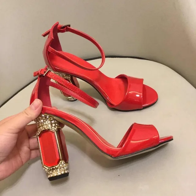 Red Patent Leather Gemstone Rhinestone Heel Bling Bling Women Sandals Ankle Strap Open Toe Chunky Heel Fashion Summer Sandals