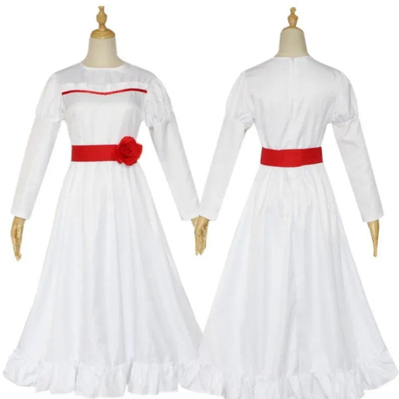 ConjingDoll Annabelle Halloween Horror White Dress Cosplay Costume Anime Game Long Sleeve O Neck Female Perform Dresses