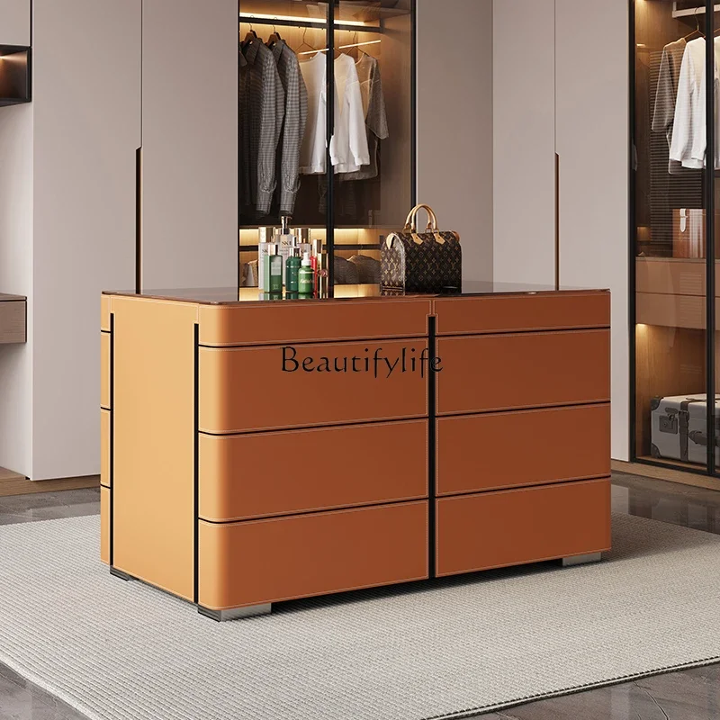 

yj9 Italian Minimalist Saddle Leather Island Table Bedroom Jewelry Cabinet Modern Light Luxury Integrated Floor Display Cabinet