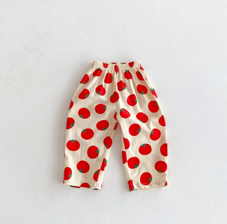 Kids Korean Style Casual Pants With Floral Tomato Prints Loose Fit Trousers Fashion Casual Kid Bottoms Baby 9M-6T Kid Soft Wear