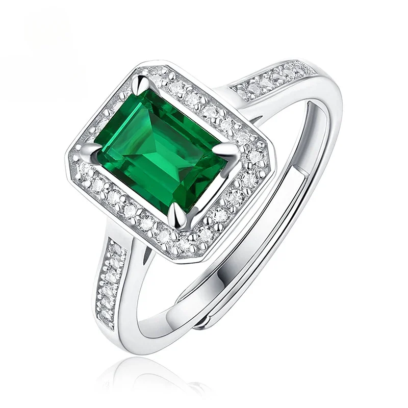 Silver Ring S925 Live Ring Cultured Emerald Gemstone Jewellery