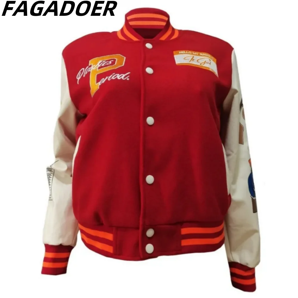 FAGADOER Winter Casual Letter Embroidery Splicing Baseball Jacket Women Button Long Sleeve Crop Tops Fashion Y2K Streetwear Coat