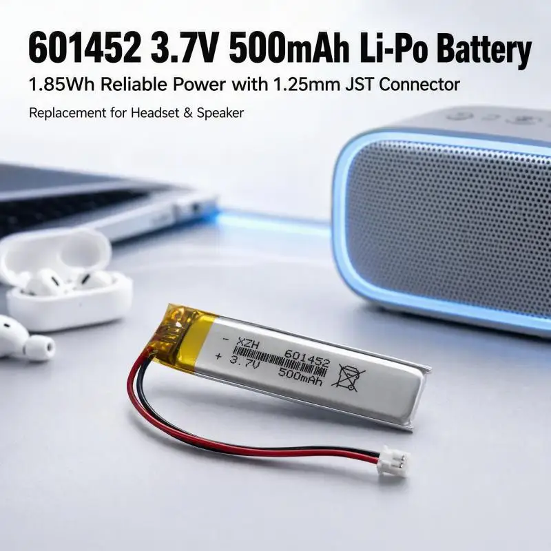 601452 Li-Po Rechargeable Battery 3.7V 500mAh 1.85Wh 1.25mm JST Plug Replacement for Bluetooth Headset Speaker MP3 LED Lamp