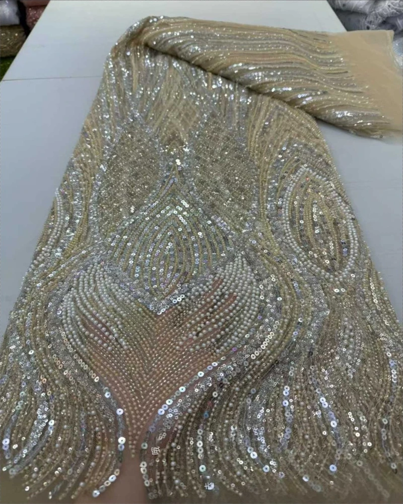 

African Beaded Lace Fabric French Tulle Lace 2025 High Quality Lace French Sequins Beads Fabric For Women Wedding Dress