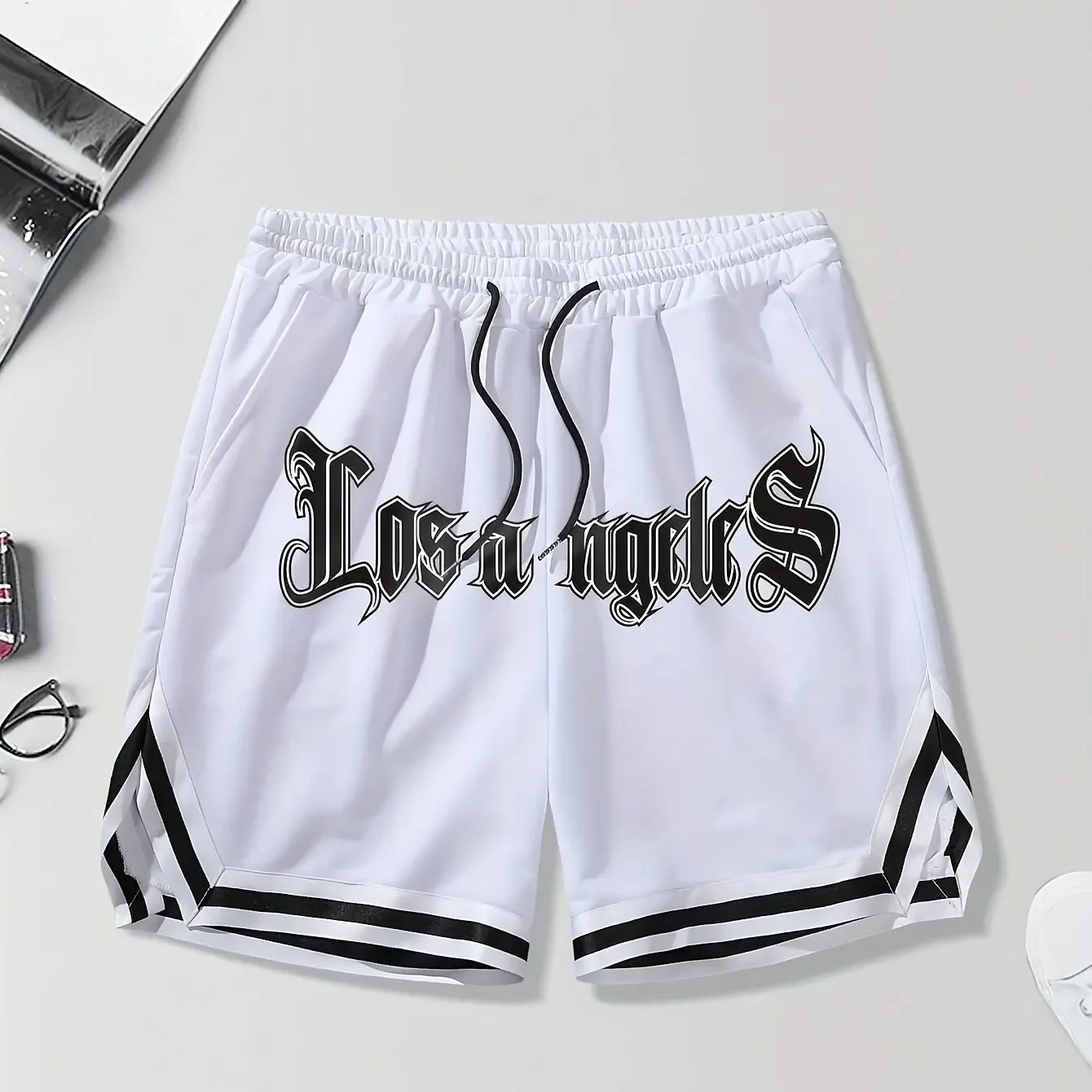 Stylish 3D Mens LOS ANGELES Alphabet Print Loose Fit Sports Shorts Drawstring Waist Side Pockets Perfect for Summer Basketball