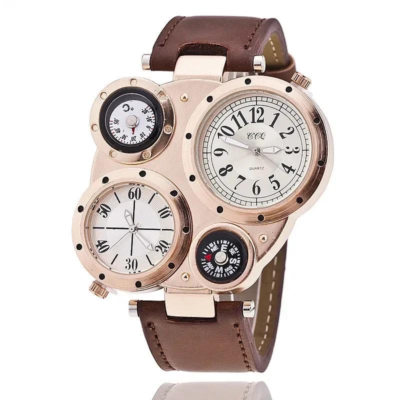 Relógio Quartz Militar Masculino, Elegante Pulseira de Couro do Exército, Esporte, Moderno, Duplo Movimento, Grandes Relógios de Pulso, Deco Compass, Novo, 2022