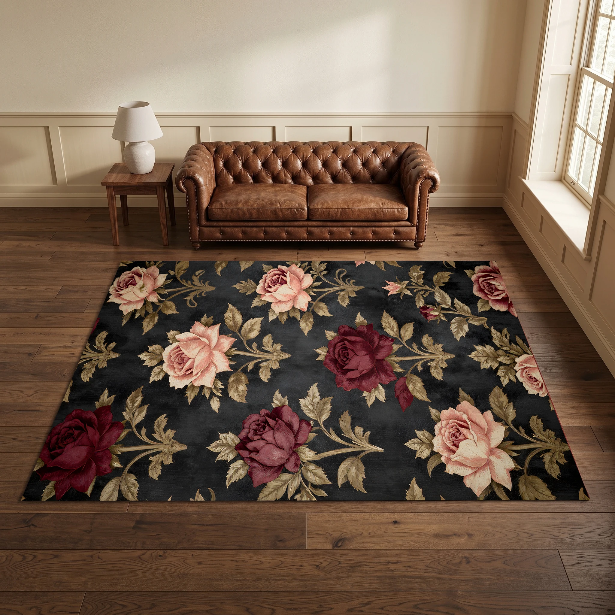 Vintage Mixed-Color Rose and Gold Leaf Print American Retro Style Autumn and Winter Velvet Rug, Suitable for Living Room and Bedroom, Creating a Warm Autumn Harvest Atmosphere