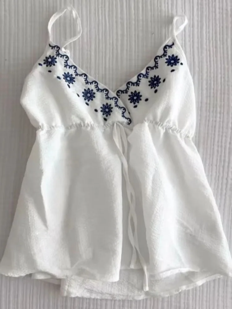 2000er Jahre Vintage Elegante Damen Tops Frühling Sommer Elegant Frisches Temperament Kreatives Blumenmuster Druck V-Ausschnitt Lässiges Leibchen