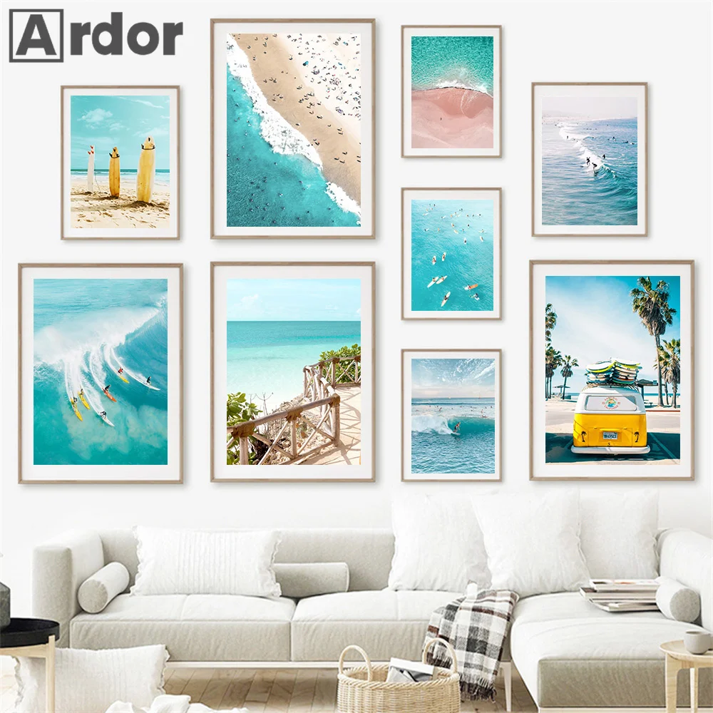 

Beach Summer Beach Ocean Coconut Tree Surfboard Swimming Poster Nordic Canvas Print Wall Art Wallpaper Living Room Home Decor