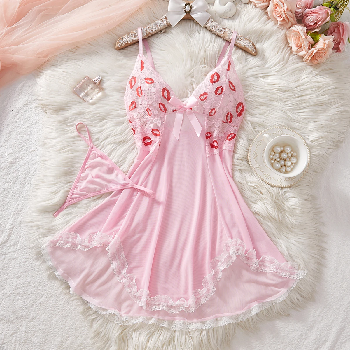 Sexy Sling Nightdress Lace Patchwork Elegant Lingerie Transparent Temptation Nighties For Women Pajama Red Lip Print Mini Dress - view 5