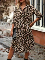 Nuevo vestido camisero elegante de leopardo de verano para mujer, vestidos largos rectos informales holgados con cuello vuelto a media pantorrilla