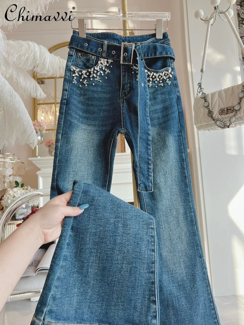 

Осень 2023, новые тяжелые украшенные карманами и высокой талией, тонкие утолщенные расклешенные джинсы с начесом, женские модные элегантные женские брюки