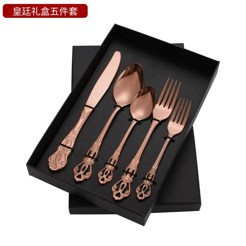 Palace Stainless Steel Tableware Set with Embossed European Style Imperial Gold Tableware Western Style Steak Knives Forks Spoon