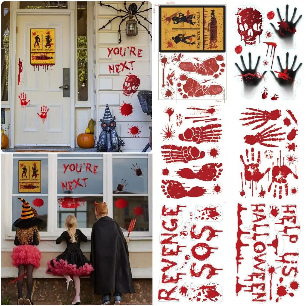 Bloody Handprint Footprint Halloween Decorative Stickers Skull Pattern Waterproof Halloween Window Decals Multicolor