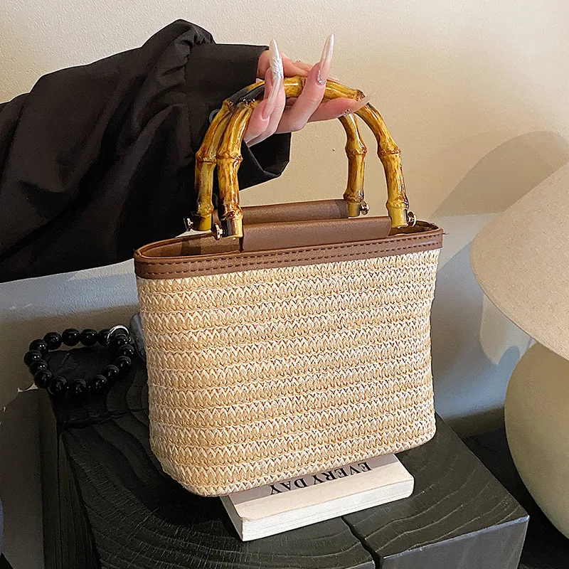 Weaving Bag 2025 Summer New Bamboo Tote Straw Bag Niche Simple Shoulder Crossbody Bucket Bag Women's Bag