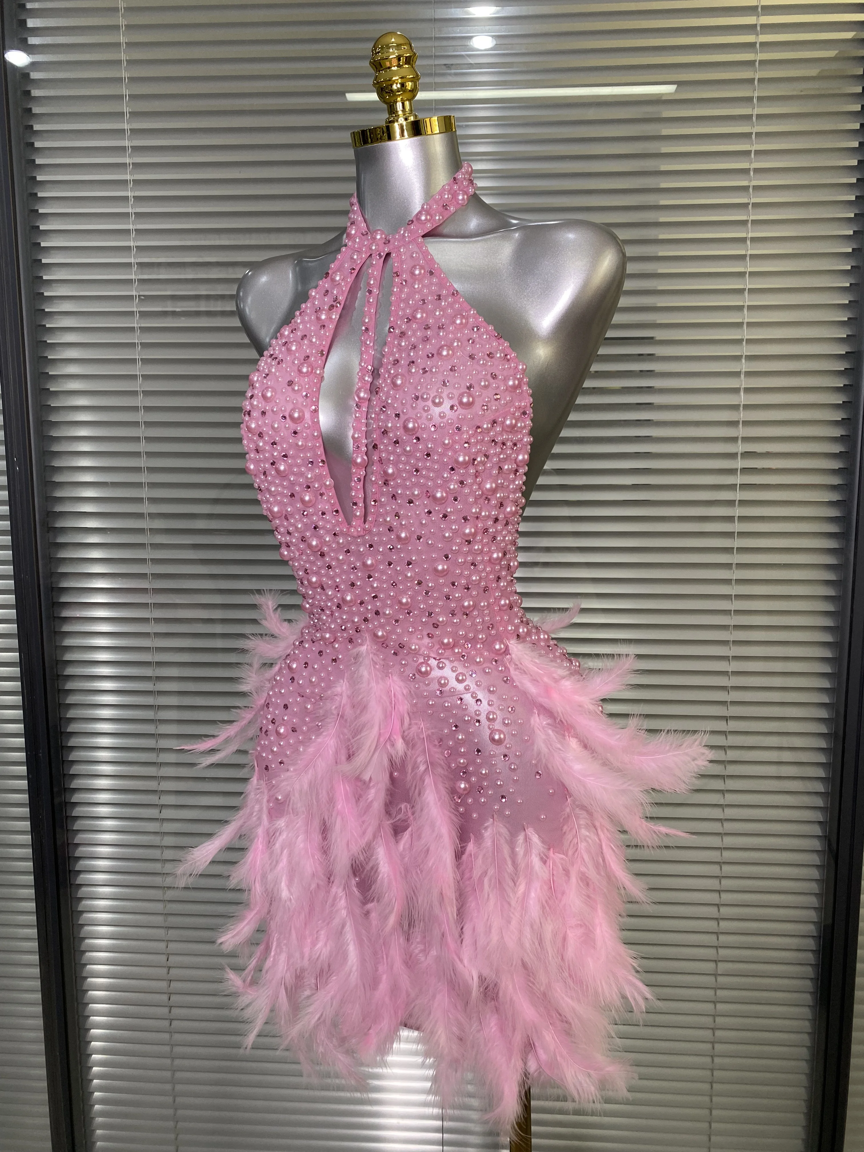 المرأة مثير عارية الذراعين شبكة الماس الريش أداء زي المرحلة راقصة البسيطة بسط ليلة نادي فستان الحفلات #1