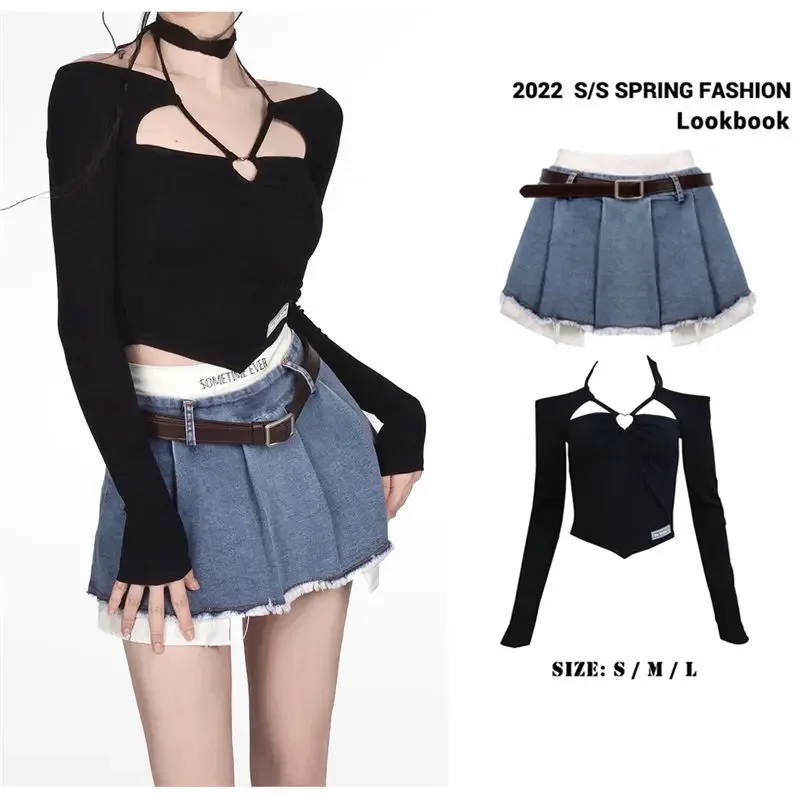 Gothic Skirt Set Hollow Top Off Shoulder Cross Strap T-shirt  Pleated Denim Skirt 2 Piece Sets Women Clothes Crop Tops Y2k Suit