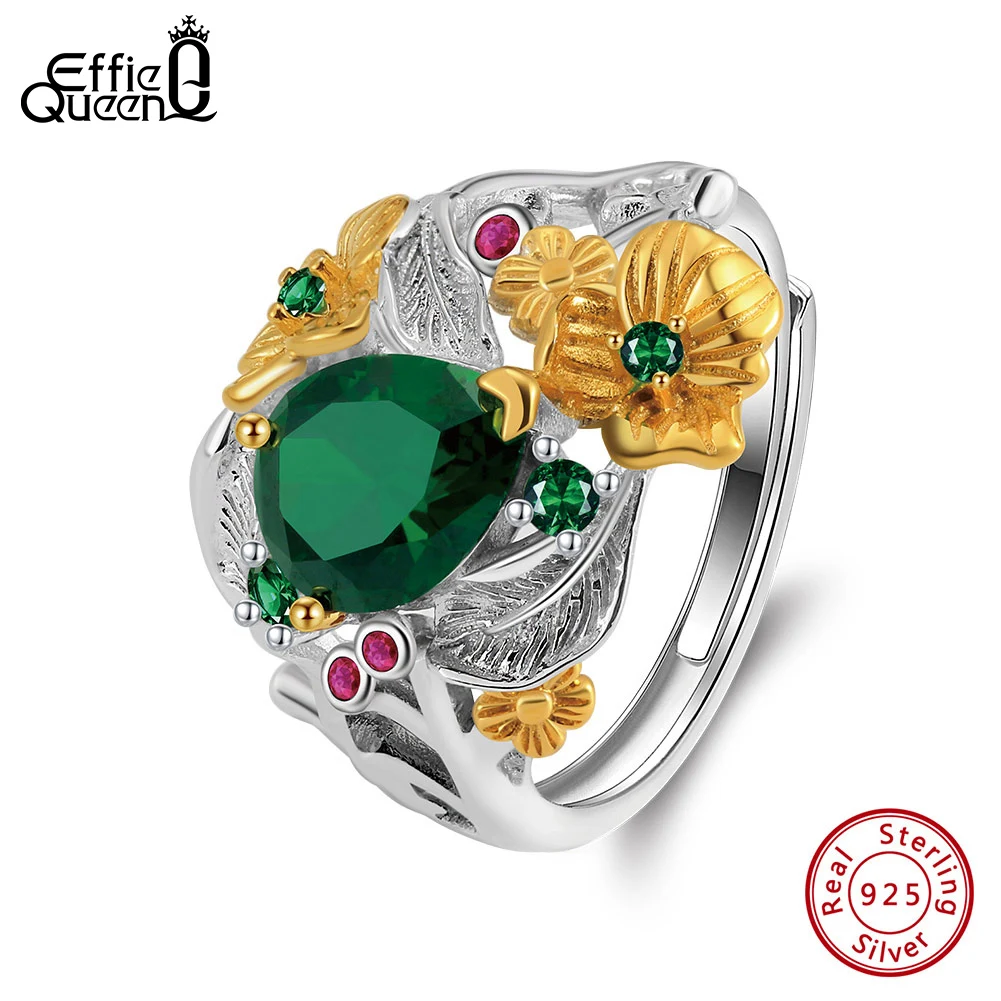 Effie Queen 925 Sterling Silver Open Rings Multi Color Created Emerald With 5A CZ Sunflower Design Finger Accessory Gift LZR21