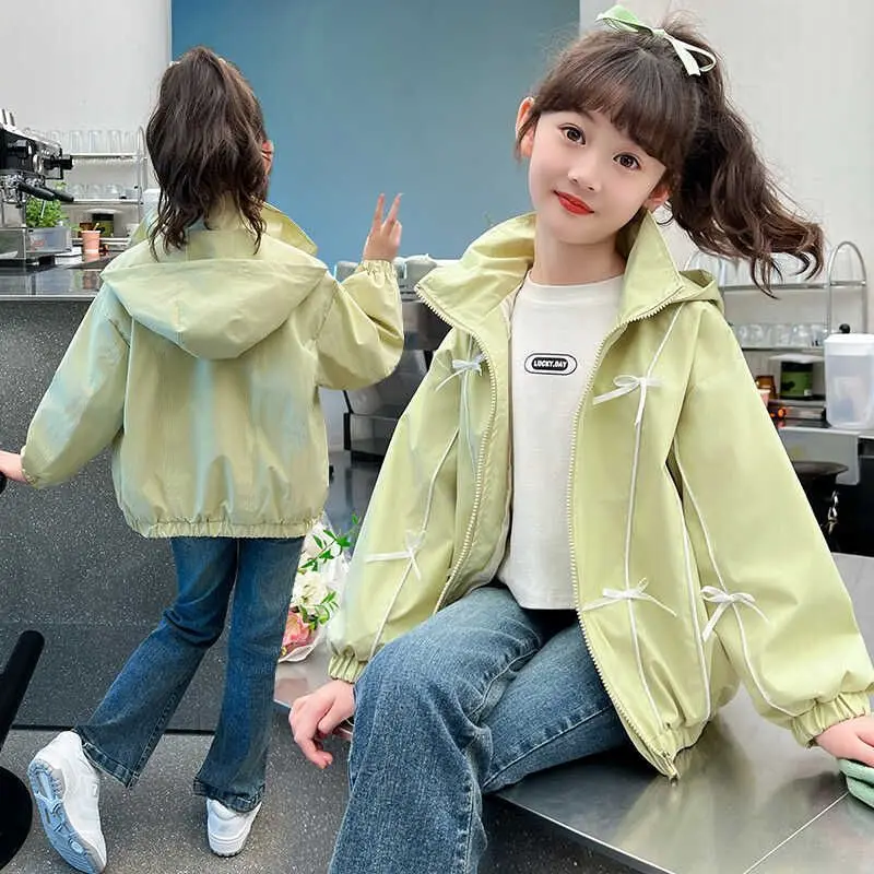 

New Teen Girls Jacket Spring Autumn Solid Color Bow Decal Hooded Zipper Coat For 4-12 Years Girls Casual Windbreaker Outerwear