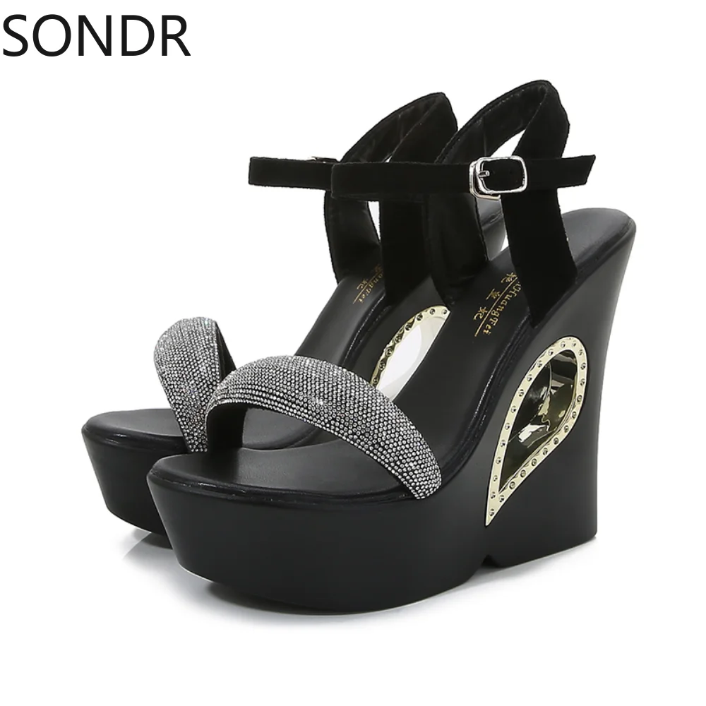 

Womens Platform Open Toe Sandals Rhinestones Wedge High Heel Summer Slingbacks Shoes Black 2023New 2024