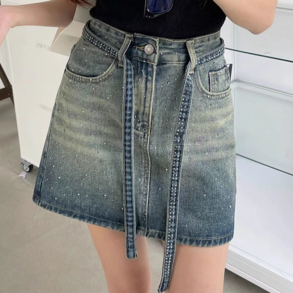 

Retro hot diamond gradual change denim skirt women's summer Korean version high waist loose and thin a word skirt