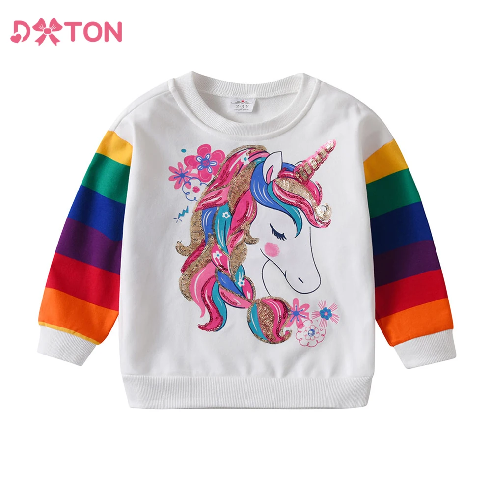 

DXTON Cotton Children's Tops Rainbow Long Sleeve Toddlers T-shirts Unicorn Girls Sweatshirts Floral Sequin Kids Casual Clothing