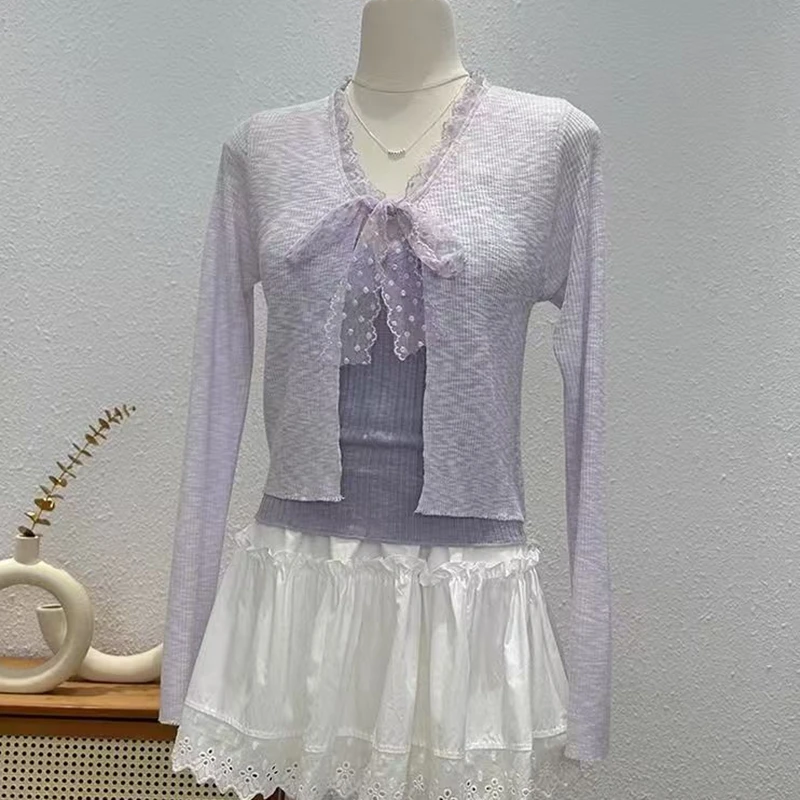 

Solid Color Lace Bow Knitted Sweater Cardigan Women Casual Short Cardigan Coat