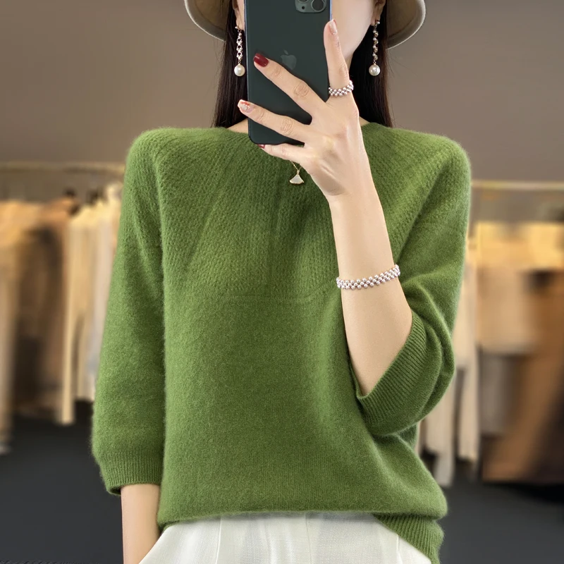 Spring and autumn new 100% pure sweater ladies cropped sleeves O-neck solid color high-end hollow cashmere knit pullover