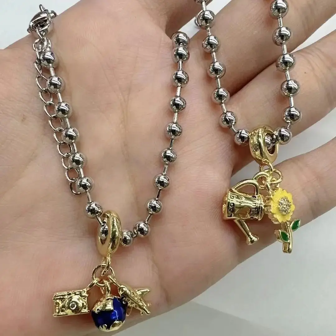 

5PCS, Enamel Heart Flower Charms Pendant Necklace For Women 4MM Bead Ball Chain Necklace Jewelry Accessories