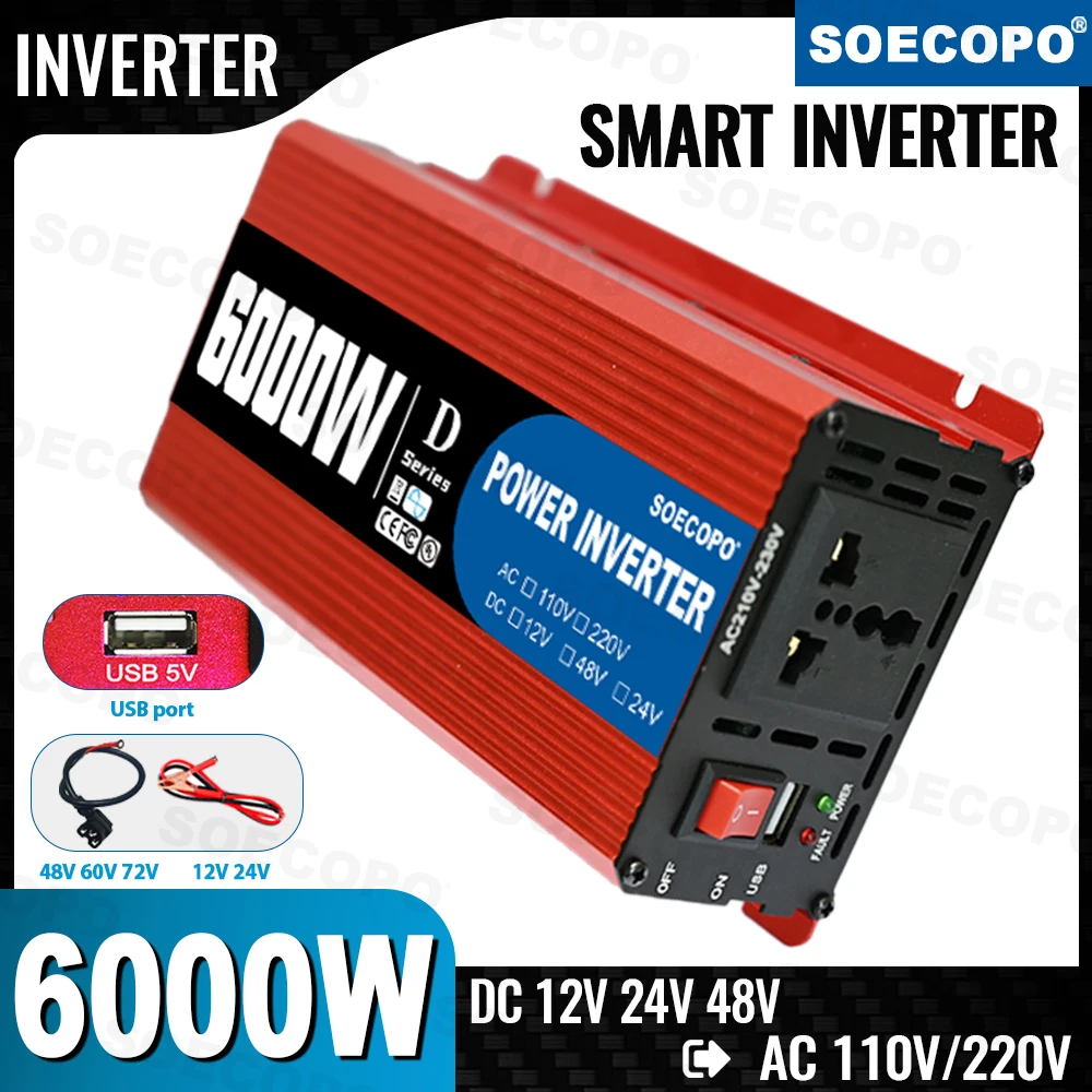 

12V24V To 110V AC Pure Sine Power Inverter 6000W 4000W Power 60HZ Converter Car Accessories Solar With LED And US Socket