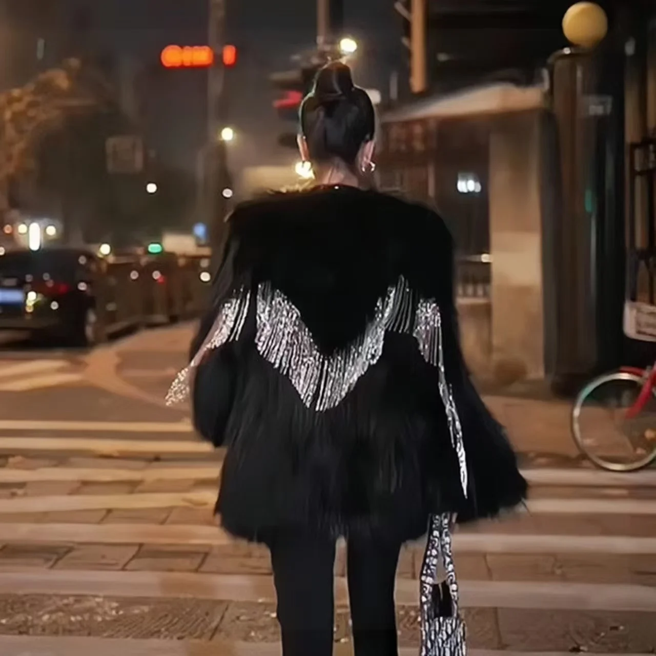 Women's Fox Fur Jacket Mid to Long Style Black Swan Fringe Sequin Fashionable Women's Outerwear