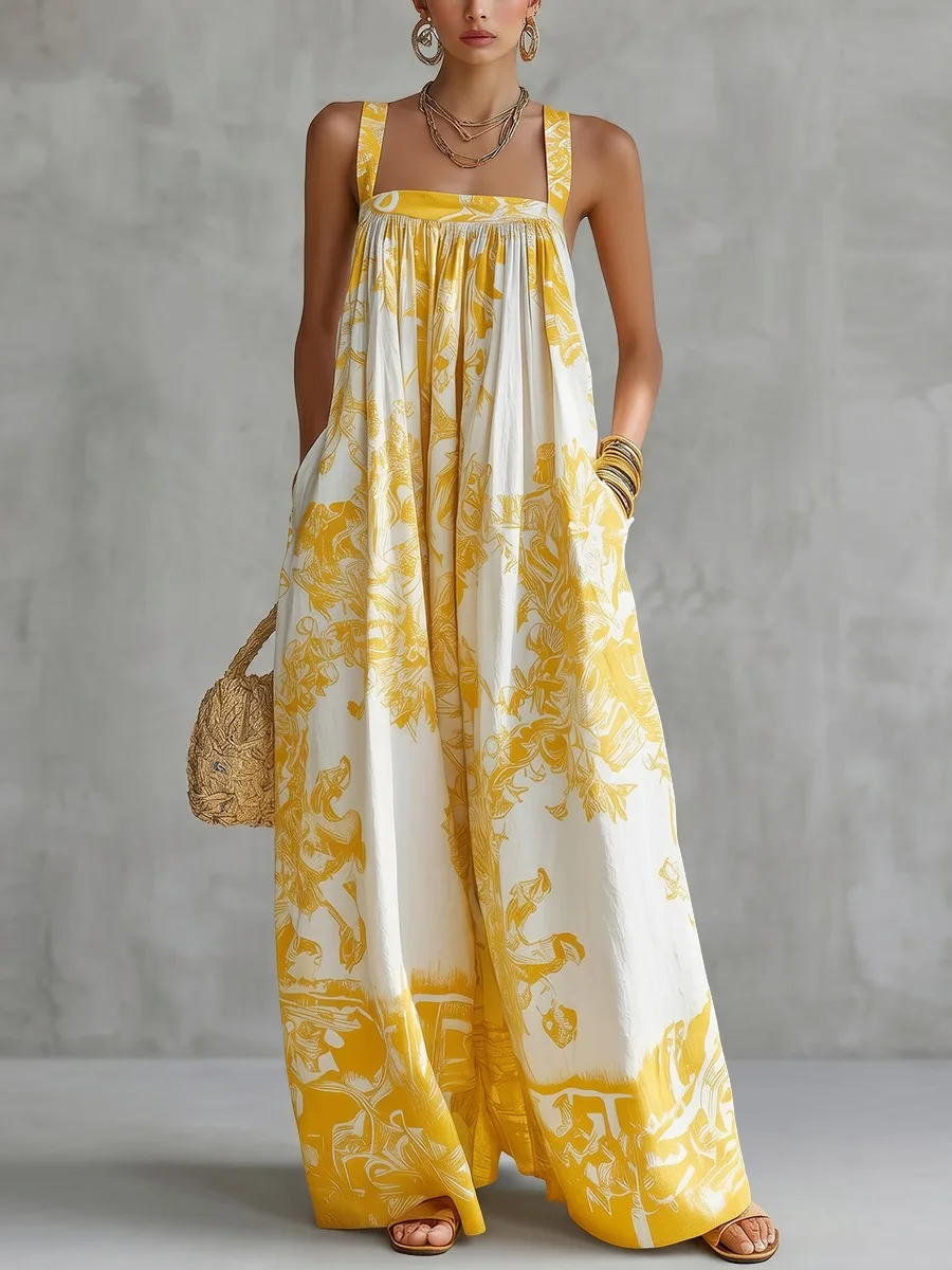 Missuoo Yellow White Floral Printed Loose Vacation Jumpsuit 2026 Summer Stylish Casual Wide Leg Square Neck Cami Jumpsuits view 3