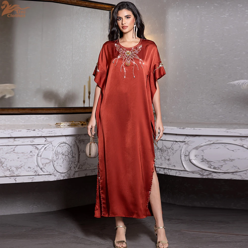 

Uni Ramadan Moroccan Fashion Rhinestone Decorated Abaya Dubai Butterfly Sleeves Maxi Dress Split Hem Kaftan