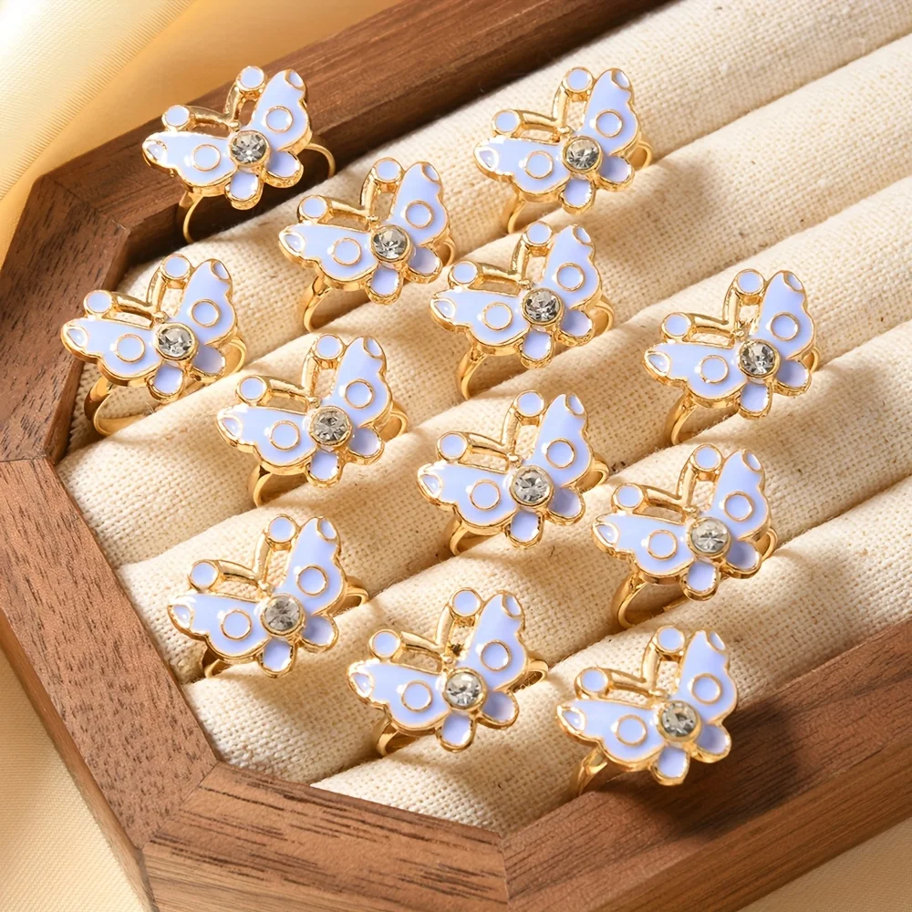 12Pcs Adjustable Open Rings, Light Blue Polka Dot Butterfly Enamel Rhinestone Inlaid Rings, Children's Daily Decoration Jewelry, Birthday Party Gift Set