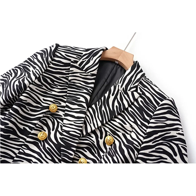 Zebra-Stripe Black Women Suit Blazer Jacket Female Office Lady Daily Work Wear V Neck Coat Double Breasted Prom Dress Outfit