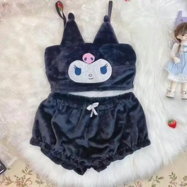 

Новые пижамы Kuromi и My Melody: сексуальный комплект из фланели с мультяшным принтом, плюшевые шорты на бретелях для девочек, подарок для девочек, Cinnamoroll