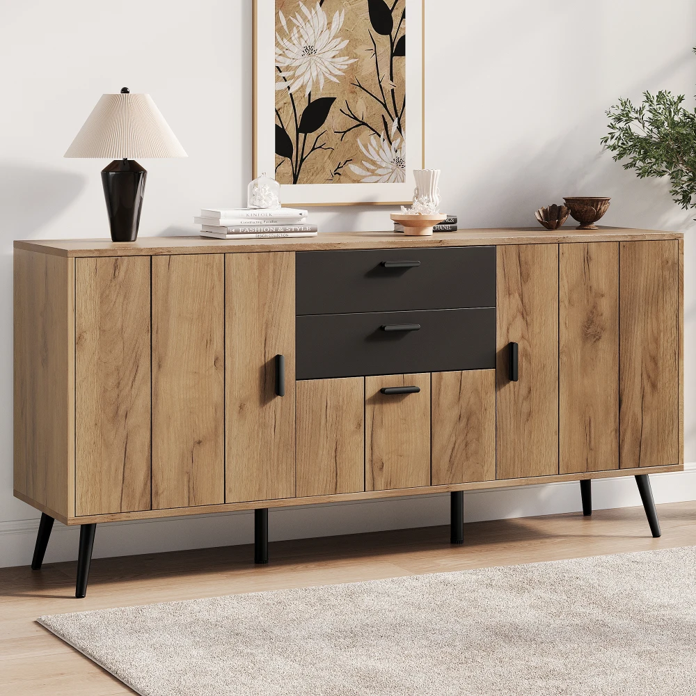 Credenza moderna per soggiorno, mobile contenitore con ampio piano di lavoro, 2 cassetti, 3 ante, mobile laterale per soggiorno, sala da pranzo, cucina, nero+colore legno, 140x35x67cm