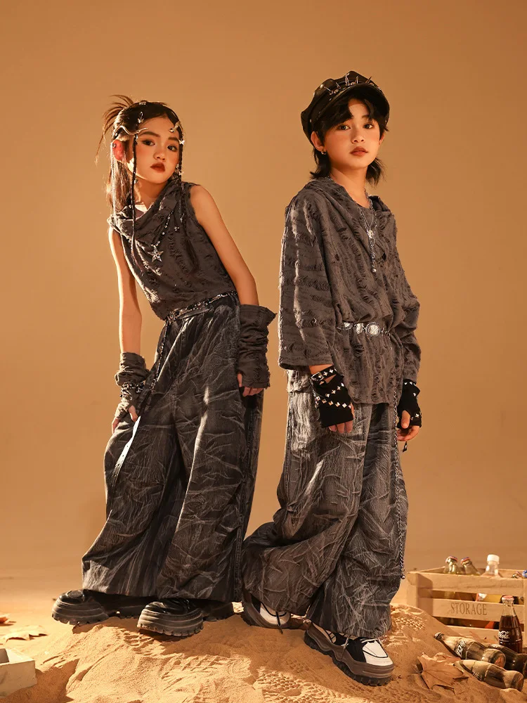 طفل القفار نمط الهيب هوب الملابس رمادي المتزعج هوديي أعلى طباعة عارضة عداء ببطء السراويل لفتاة صبي أزياء رقص الملابس