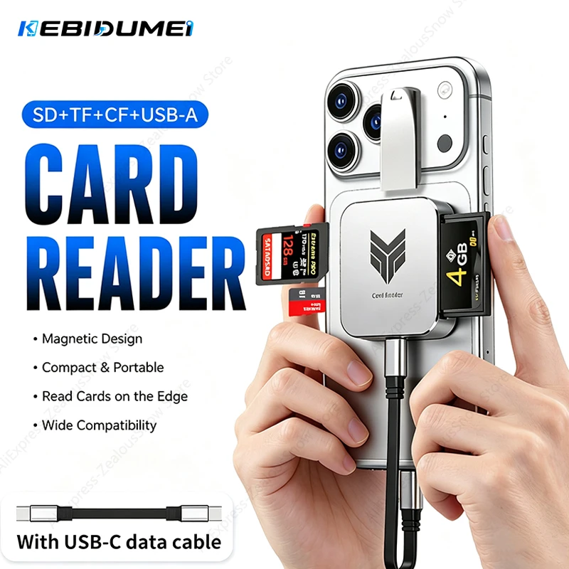  KEBIDUMEI 5Gbps Magnetic Card Reader with CF/SD/TF/USB Ports USB-C/A High-Speed Adapter for Phone Laptop Camera Data Transfer