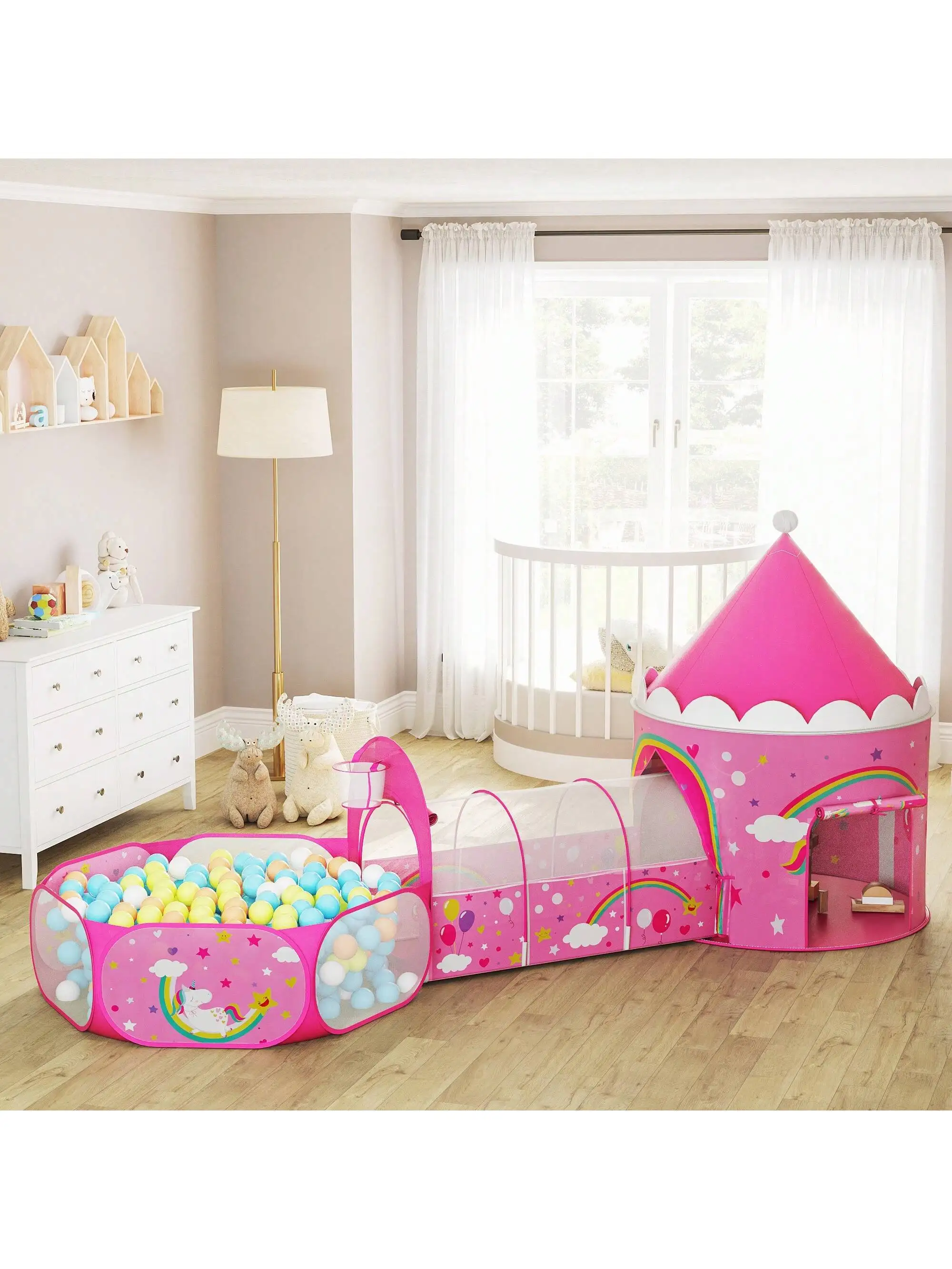 SONGMICS tenda da gioco per bambini unicorno 3 in 1. Include Tunnel, parco giochi con palline, tenda a razzo Pop-Up. Uso interno/esterno.