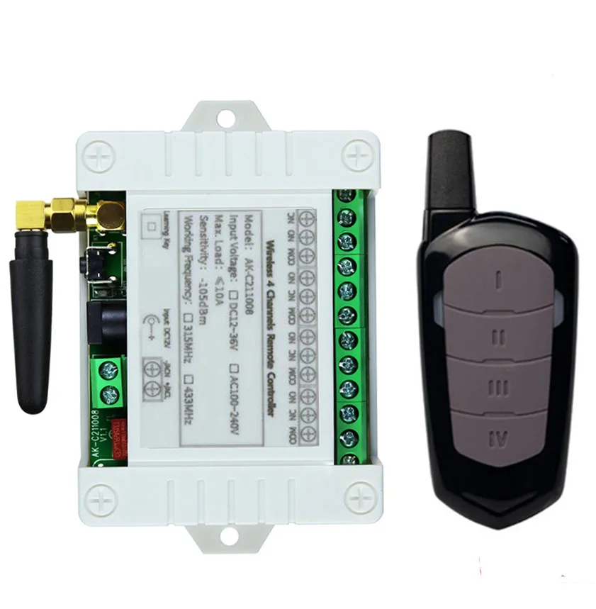 Inteligente múltiple DC 12V 24V 36V 433MHz 4CH 4 canales inalámbrico 10A relé RF transmisor receptor de interruptor de Control remoto para garaje