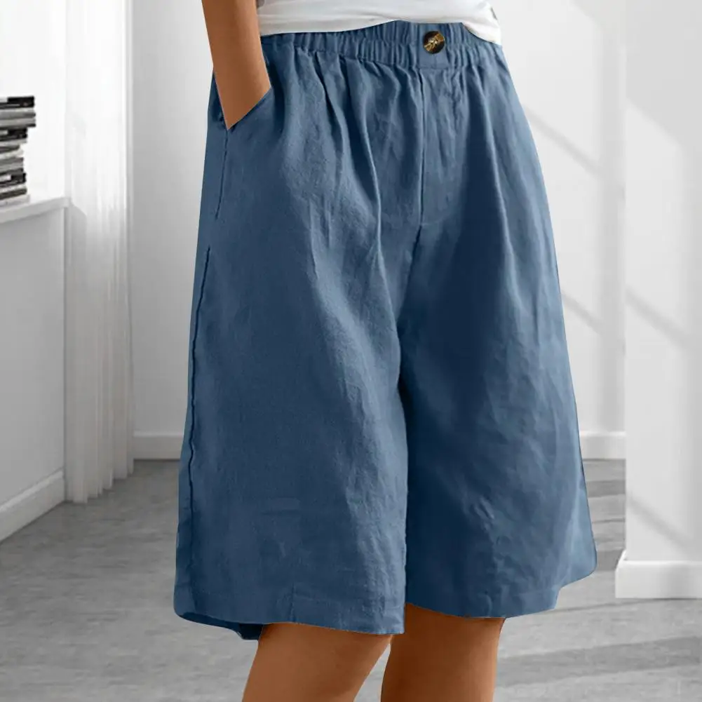 

Women Elastic Waist Shorts Versatile Women's Knee-length Shorts Elastic Waist Side Pockets Comfy for Beach or Everyday Wear